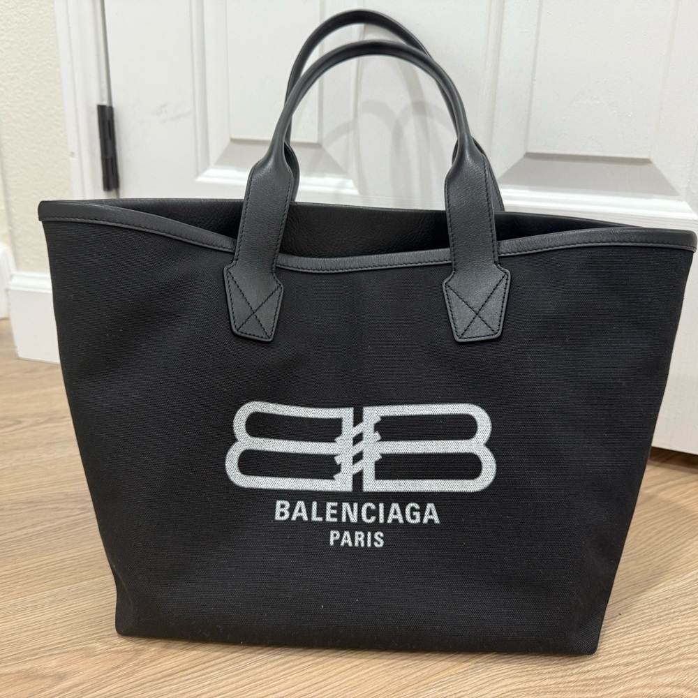 Balenciaga Black and White Logo Canvas Tote Bag